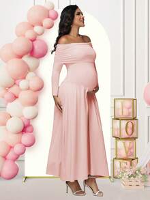 JustVH Maternity Open Shoulder Long Sleeve Pink Dress, Suitable For Baby Shower, Gender Reveal Party And Other Occasions, Autumn/Winter Spring - Coral Pink - View 5