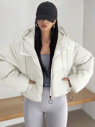 Vadderad kappa för kvinnor, trendig kort vadderad kappa, vadderad kappa med huva, höst-/vinterjacka, dam casual fluffig vadderad kappa med dragkedja - långärmad ytterkläder