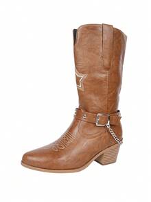 Vintage Star Embroidered Western High Heel Pointed Toe Knee-High Riding Boots For Women - Brown - View 7