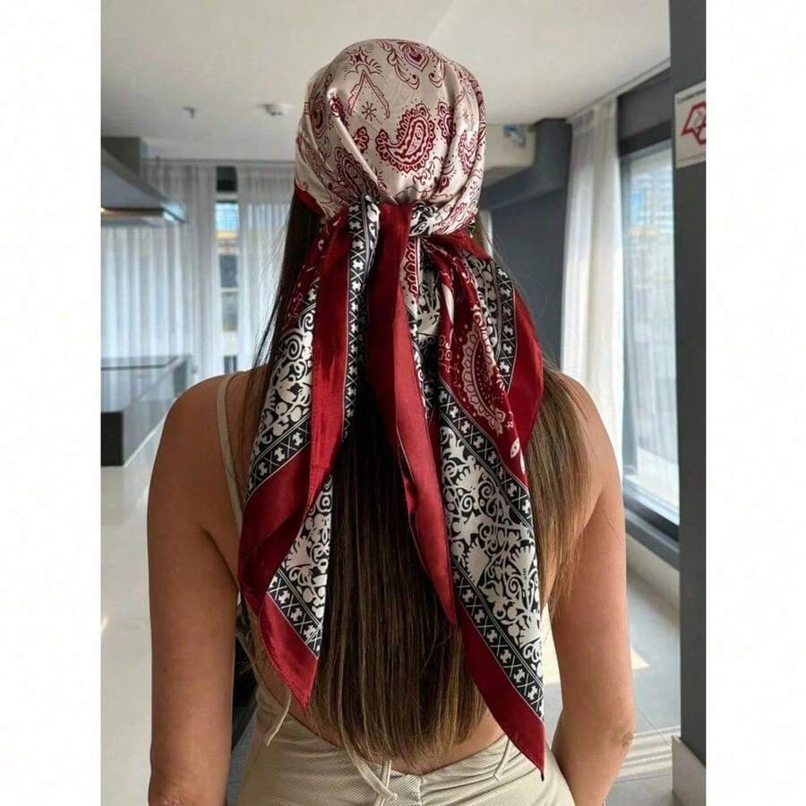 1PC Women's Red And White Paisley Printed Bandana Square Towel, 90CM 1 90cm Women's Luxury Scarf, Headscarf Silk Scarf, Fashion Printed Square Scarf, Four Seasons Versatile Casual Polyester Scarf - 紅白色 - 查看 1