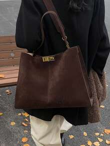 1 pièce Nouveau sac à main vintage pour femme 2025 (peut également être utilisé comme sac à bandoulière), dégageant le luxe et la sophistication, en suède, avec fermeture à pression. Ce grand sac fourre-tout convient pour un usage quotidien casual, les trajets, l'université, les voyages, les fêtes, les banquets et autres occasions. Élégant sac à main pour femme - Café - Voir 6