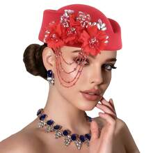 Retro British Hat For Women Elegant 3D Floral Rhinestone Decorated Flight Attendant Cap Beret Cosplay Costume Accessories - Đỏ - Xem 6
