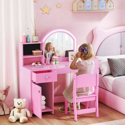 QABA Kids Vanity Set With Lighted Mirror, Toddler Dressing Table And Chair Set With Cabinet, Drawer And Shelves, Pretend Makeup Playset For Girls 3-8 Years Old, Pink