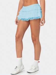 Women Lace Trim Ruffle Hem Micro Mini Skirts Elastic Low Waist Y2k Lace Layered Short Skirts Ruched A-Line Cute Tiered Ruffle Skirts Halloween/Christmas Costumes - 藍色 - 查看 4