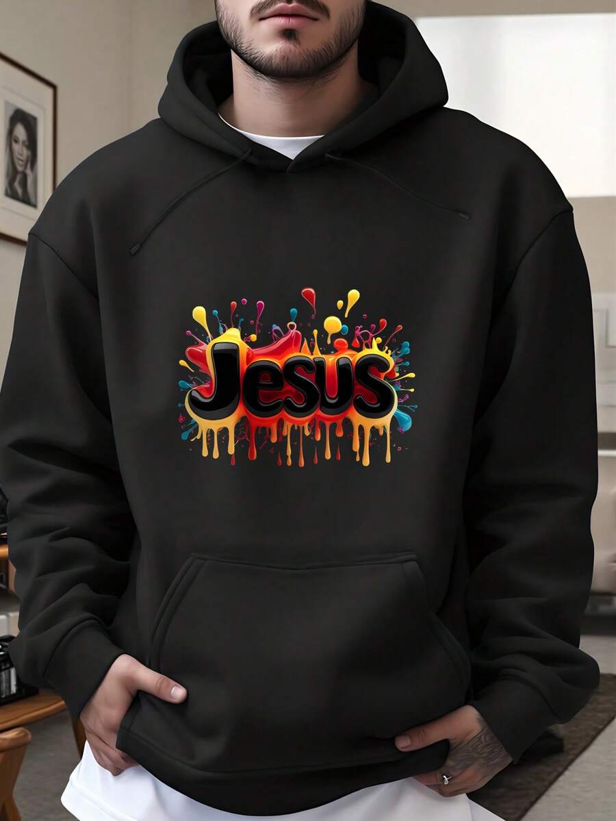 Men's Casual Letter Print Hooded Sweatshirt With Pocket Colorful Jesus Drip Design Print Autumn/Winter - màu đen - Xem 1