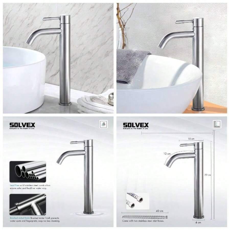 Mezcladora Monomando para Lavabo, Grifo para Lavabo de Bao, Mezcladora para Lavabo, Llaves para Lavabo Bao Acero Inoxidable con Lneas de Suministro, Nquel Cepillado, SP - 10022 - Alto + Níquel Cepillado - Ver 1