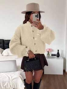 Joy Knit 女款秋冬針織開襟衫，百搭上衣，極簡休閒法式風，小立領荷葉邊飾金屬鈕扣，適合上班通勤、外出與派對穿搭 - 白色 - 查看 5