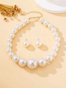 Luxurious And Elegant Faux Pearl Necklace And Earrings Jewelry Set, Suitable For Daily Wear, Parties And Gift - Màu be - Xem 2
