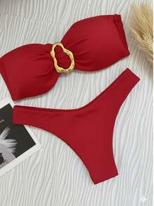 Red Strapless Bikini Top With Buckle, With Removable Padding, Elegant, Casual, Ring Knot, Summer - Rojo - Ver 1