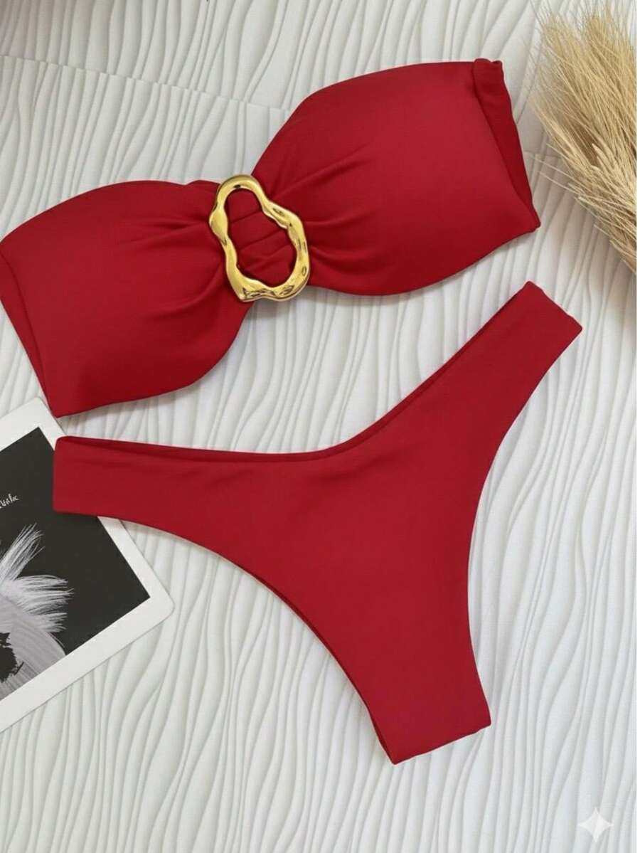 Red Strapless Bikini Top With Buckle, With Removable Padding, Elegant, Casual, Ring Knot, Summer - Rojo - Ver 1