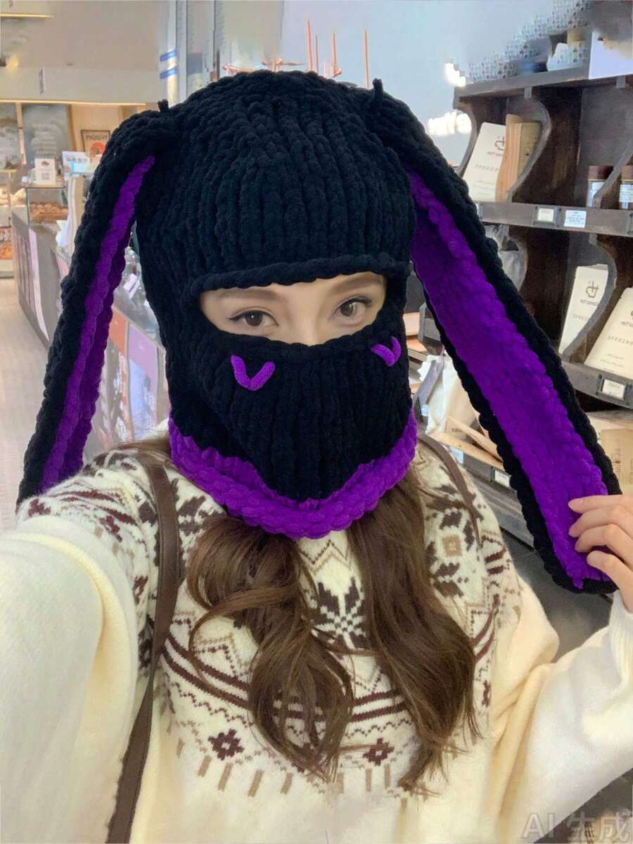 1pc Women's Funny Hat, Handmade Knitted Thick Warm Fleece Balaclava Ski Mask Beanie With Demon Horns, Cute & Stylish Winter Headwear