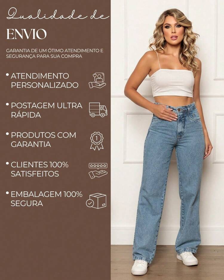 Calça Jeans Feminina Wide Leg Pantalona Boca Larga Sem Lycra Premium Boca de Sino Verão Elegante Sofisticada - Lavagem Média - Visão 8