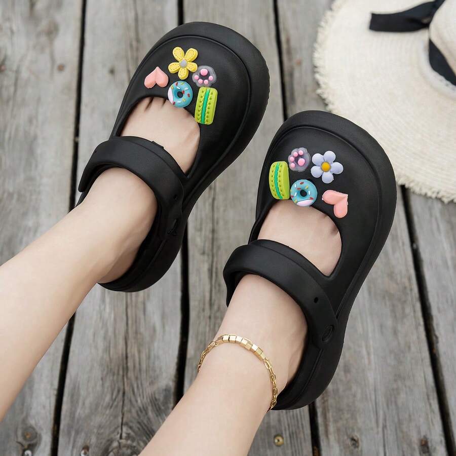 Women's Clogs - Women's Clogs, Black Spring Summer Casual Clogs, Fashionable Cute Clogs, Closed Toe Thick Sole Cartoon Decor Clogs, Outdoor Beach Daily New Clogs - 黑色 - 查看 1