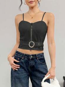Top de tirantes para mujer ligero casual unicolor de moda con cinturón decorativo y lindos detalles en pedrería sexy para uso diario - Negro - Ver 4