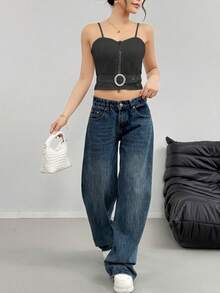 Top de tirantes para mujer ligero casual unicolor de moda con cinturón decorativo y lindos detalles en pedrería sexy para uso diario - Negro - Ver 5