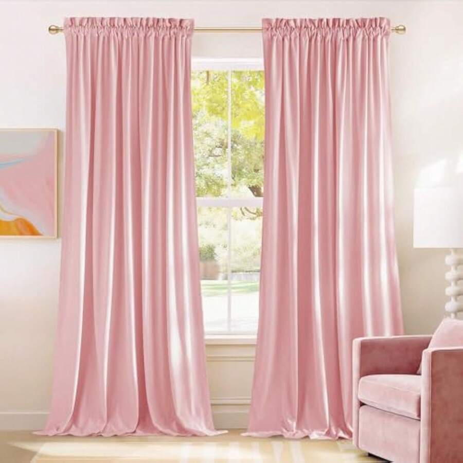 2D Flat, 2-Piece Festive Christmas Decor Window Curtains, Digital Print With Minimalist Solid Color Design, Christmas Window Curtain Gift For Bedroom, Living Room, Office, Night Curtain Suitable For General Festivities And Winter Holiday Parties, Perfect For Living Room, Kitchen, Bedroom, And Holiday Winter Decor, Outdoor Christmas Decorations, Rod Pocket Design, Fade-Resistant, Xmas Artistic Style - 粉色 - 查看 1