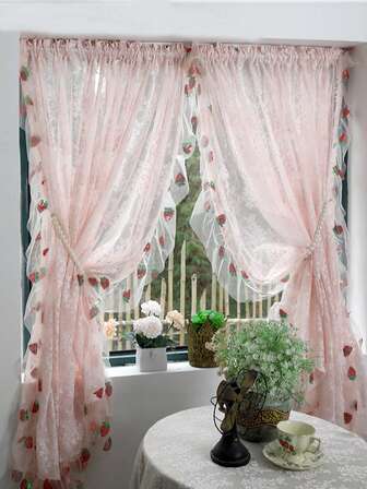 1Piece,Vintage Pink Floral Jacquard Sheer Curtains With Sequined Strawberry Ruffled Lace,Romantic Cafe Door Curtain Kitchen Home Decoration Tulle Drapes