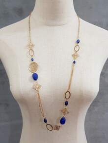 1pc Elegant Geometric Acrylic Bead Hollow Iron Plate Long Necklace, Bohemian Style, Multi-Color, Versatile For Women's Daily Wear