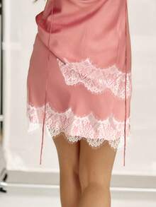 Women Satin Silk Half  Short Skirts Elastic Waist Lace Trim Skirt Low Rise Coquette Lace Underskirts Streetwear - 珊瑚紅 - 查看 2