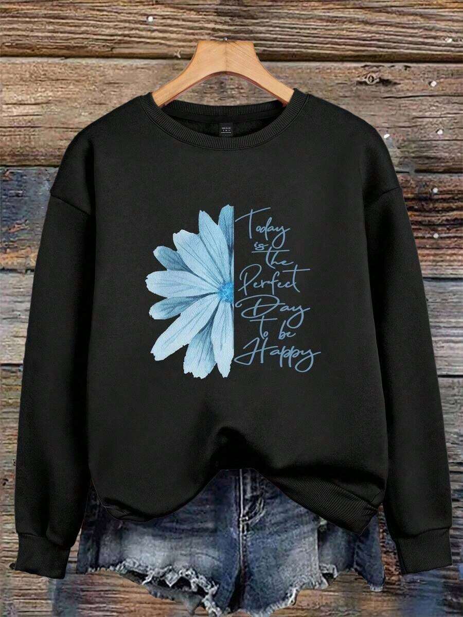 Women's Slogan Letter Print Crew Neck Long Sleeve Sweatshirt Sportswear,Long Sleeve Tops Graduation,Back To School Outfits,Graduation,Teacher Outfits For Women,Back To School Pullover Fall Outfit - 黑色2 - 查看 1