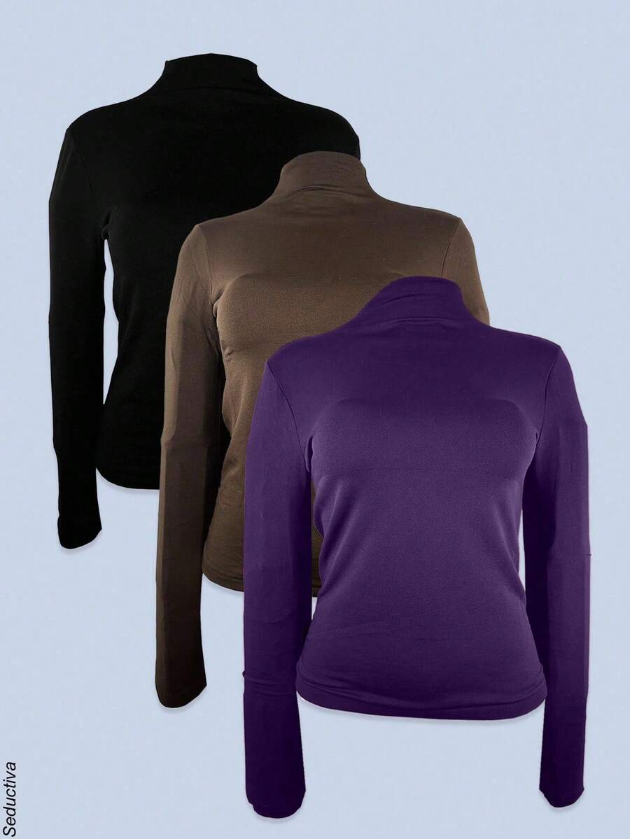 Set de 3 camisetas afelpadas para mujer, multicolor, clásicas y elegantes, colores lisos, sin estampados, tela de poliéster, con interior afelpado ligero, suave y cálido, ideales para temperadas de otoño, invierno e inicios de primavera, cuello alto tipo tortuga, con manga larga. Silueta ajustada para resaltar mejor tu figura. Te llegarán 3 camisetas afelpadas en colores al azar. - Multi2 - Ver 1