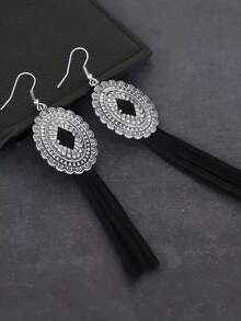 Scallop Trim Oval & Tassel Drop Earrings - Bạc cổ - Xem 2