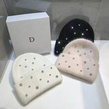 1 Pc Imitation Rabbit Hair Rhinestone Wool Hat Warm Thick Fashionable Versatile Sweet Knit Hat Toe Cap - 黑色 - 查看 2