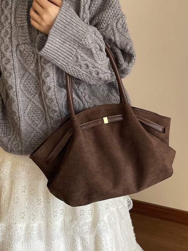 حقيبة يد كاجوال كبيرة السعة بتصميم عصري للخريف للنساء، من قماش الغزال البسيط، حقيبة كتف مناسبة للعمل والتنقل