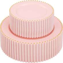 100pcs Plastic Plates With Gold Beads Plates Heavy Duty Party Supplies Includes 10.25inch Dinner Plate And 7.5inch Dessert Disposable Plate For Party,Wedding,Bridal Showers - 粉色 - 查看 1
