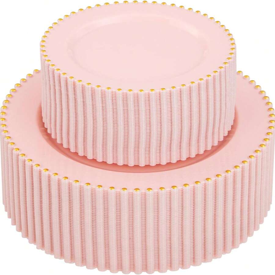 100pcs Plastic Plates With Gold Beads Plates Heavy Duty Party Supplies Includes 10.25inch Dinner Plate And 7.5inch Dessert Disposable Plate For Party,Wedding,Bridal Showers - 粉色 - 查看 1