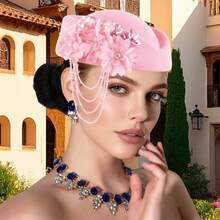 Retro British Hat For Women Elegant 3D Floral Rhinestone Decorated Flight Attendant Cap Beret Cosplay Costume Accessories - 粉色 - 查看 3