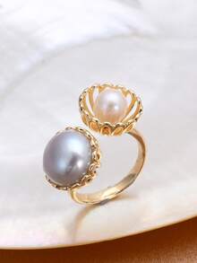 1pc 18K Gold Plated Adjustable Natural Freshwater Pearl Mother-Of-Pearl Ring For Women - Multicolor - View 2