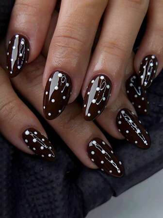 24pcs Oval Nail Stickers, Autumn/Winter Fashion Brown & White Polka Dot Nail Art Set (Includes: 1pc Jelly Gel, 1pc Nail File), Suitable For Women's Daily, Dates, Parties