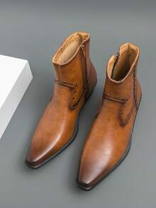 Men's Pointed Toe Chelsea Boots, Vintage British Style Gentleman Rivet Decor Motorcycle Boots, Distressed Retro Boots - Brown - View 7