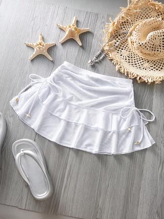 PEPPERMOLLY 女士泳衣性感时尚白色泳裤夏季沙滩网眼百褶裙