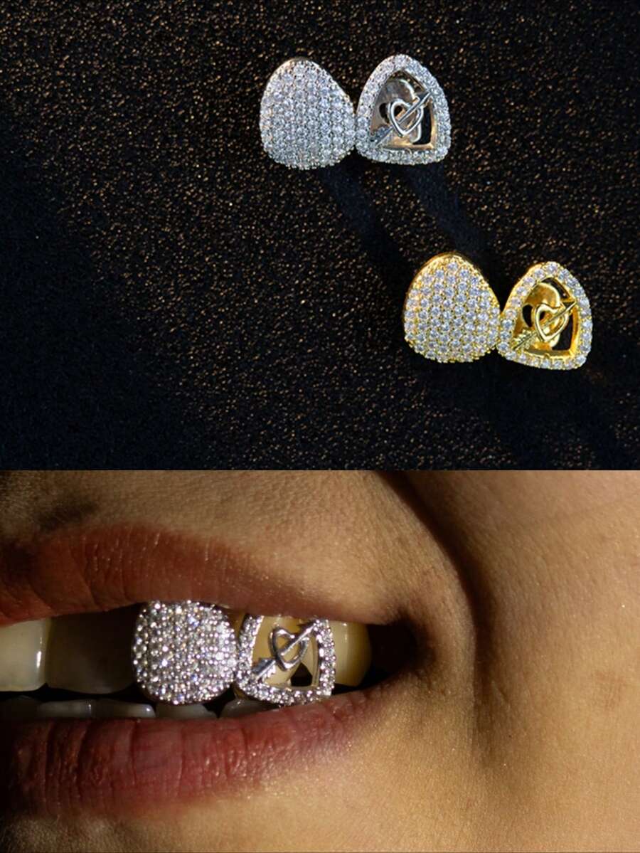 1件嘻哈风镶嵌5A级氧化锆牙套，金色牙齿，适合万圣节和派对礼物，男女皆宜