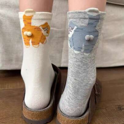 3 đôi tất họa tiết mèo, trứng và chuông dễ thương ngẫu nhiên, thích hợp cho mùa thu/đông, Giáng sinh, mùa tựu trường, cũng có thể dùng làm quà tặng.