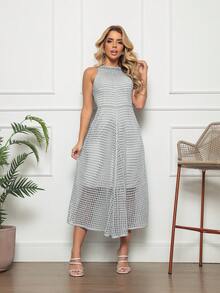 Women's Lace Knit Midi Dress With Pearl Buttons, Elegant Crochet Dress For The Beach, New Year's Eve, White - 灰色 - 查看 1