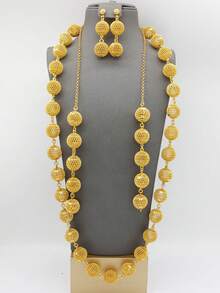 1 Necklace + 1 Pair Earrings Set, Gold-Tone Oversized Exaggerated Hip Hop Style Jewelry Set For Women, Suitable For Wedding, Engagement, Party Wear - Yellow Gold - View 1