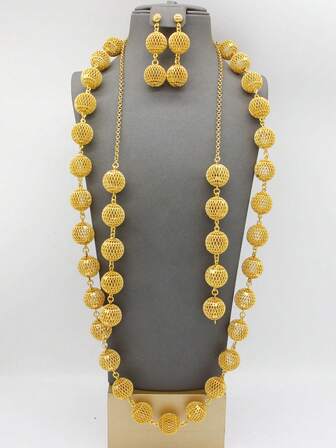 1 Necklace + 1 Pair Earrings Set, Gold-Tone Oversized Exaggerated Hip Hop Style Jewelry Set For Women, Suitable For Wedding, Engagement, Party Wear