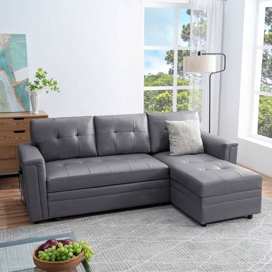 L-Shaped Sectional Sleeper Sofa With Ports - Convertible Pull-Out Bed, Ample Storage, Timeless Design, Durable Construction Gray/Air Leather,23944373 - 珊瑚橙 - 查看 1