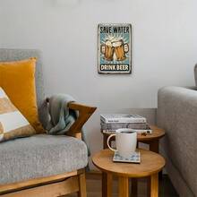 8x12英寸复古金属墙饰“喝啤酒，节约用水”，蓝白复古乡村艺术风格，饰有泡沫啤酒图案，经久耐用的铁艺装饰，适合男士休闲室或车库——完美的礼物和做旧设计 - 彩色 - 查看 5