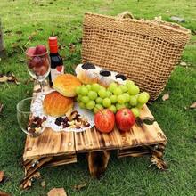 Wooden Outdoor Folding Picnic Basket Table, Folding Picnic Table With Wine Glass Holder, 2-In-1 Picnic Table Convertible Storage Wooden Basket, Natural Travel Camping Equipment,23949089 - Black - View 2