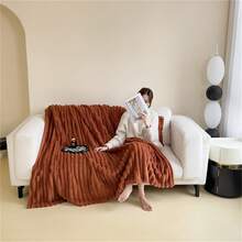 1件超大条纹毯，宽条纹镂空仿兔毛，牛奶绒，法兰绒材质，休闲午睡毯，办公室小憩毯 - 咖啡棕 - 查看 8