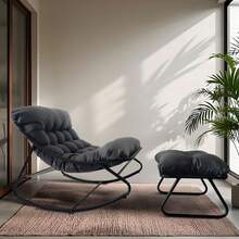 AYDFUORT Large Rocking Chair With Footstool, Upholstered Comfy Rocking Chairs With Padded Cushion, Rocker Glider Chairs For Living Room Bedroom Balcony Patio Porch Indoor Outdoor - Grey - View 3