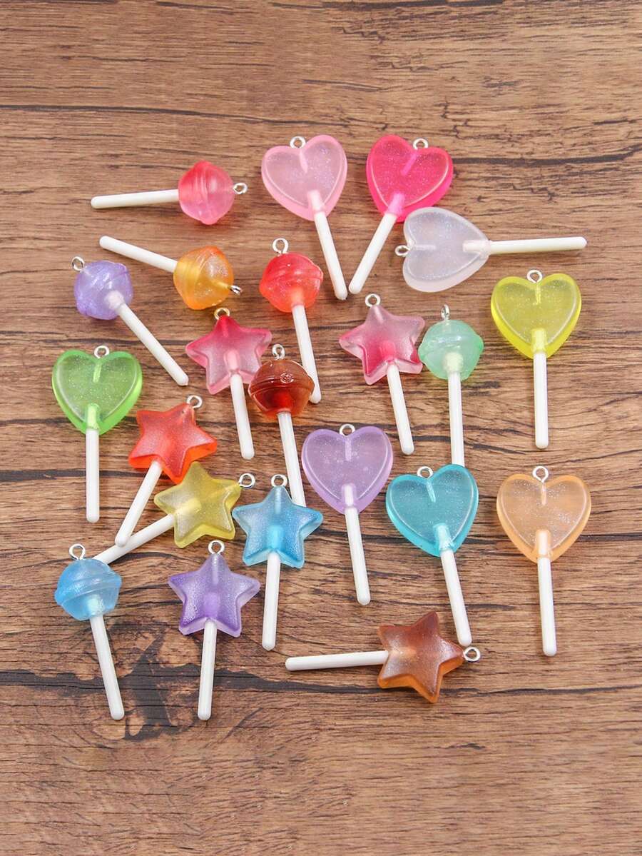 Various DIY Resin Simulated Lollipop Charms - Star, Heart, Round Shapes, Realistic Lollipop Jewelry Pendant Accessories For Bags, Bracelets, Keychains, Decorations - Multicolor - View 1