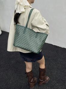 2026新款流行女士手提包，大容量通勤小众设计单肩包，休闲百搭简约时尚托特包，舒适PU材质，撞色菱形设计，拉链闭合，舒适双肩带，容量大，秋冬托特包（注：不含吊坠配件） - 綠色 - 查看 4