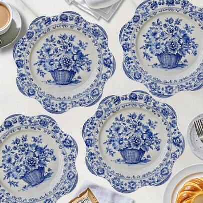 4 Blue Floral Porcelain Plates Set, Wave-Shaped Table Mat Suitable For Home Decoration, Washable Placemat, Suitable For Daily Use, Holiday Parties, Kitchen Events, Wedding Banquets, And Table Decoration