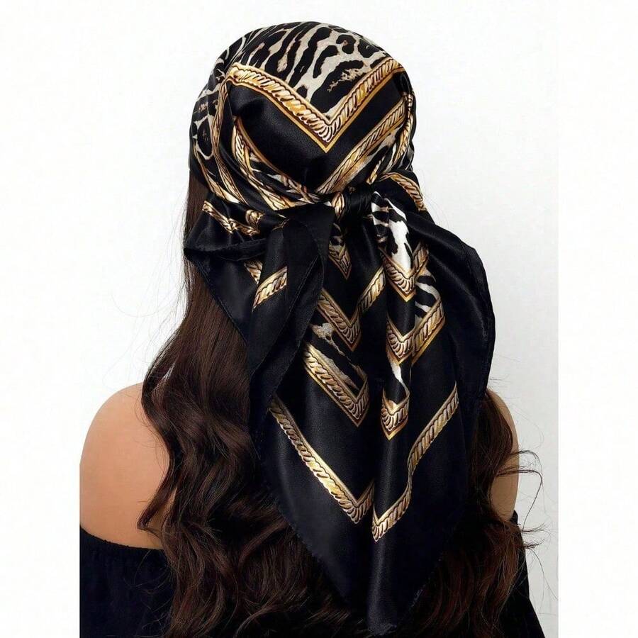 1pc 35.4 Inch Square Scarf For Women - Fashion Printed Luxury Silk Feeling Shawl Neckerchief - Versatile All Season Scarf For Spring Fall Winter Summer - Elegant Accessory For Office Travel Party - 黑色 - 查看 1