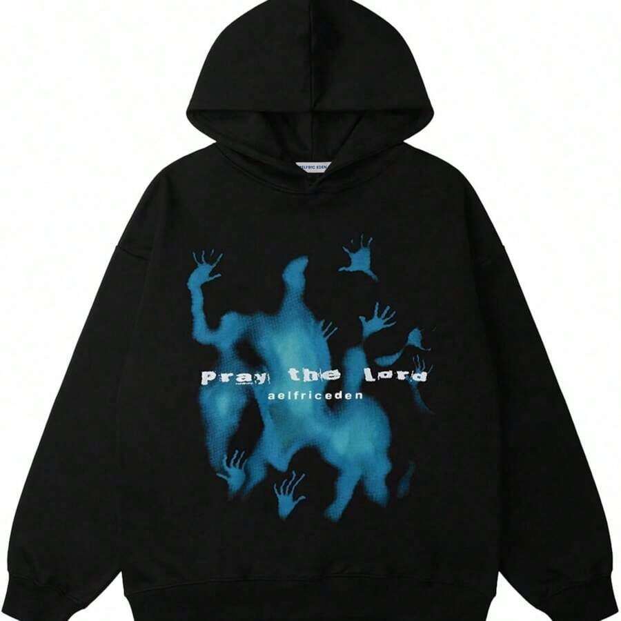 Aelfric Eden Graphic Hoodies Vintage Printed Hoodie Sweatshirt Casual Oversized Long Sleeve Streetwear Hooded Pullover - 黑色 - 查看 1